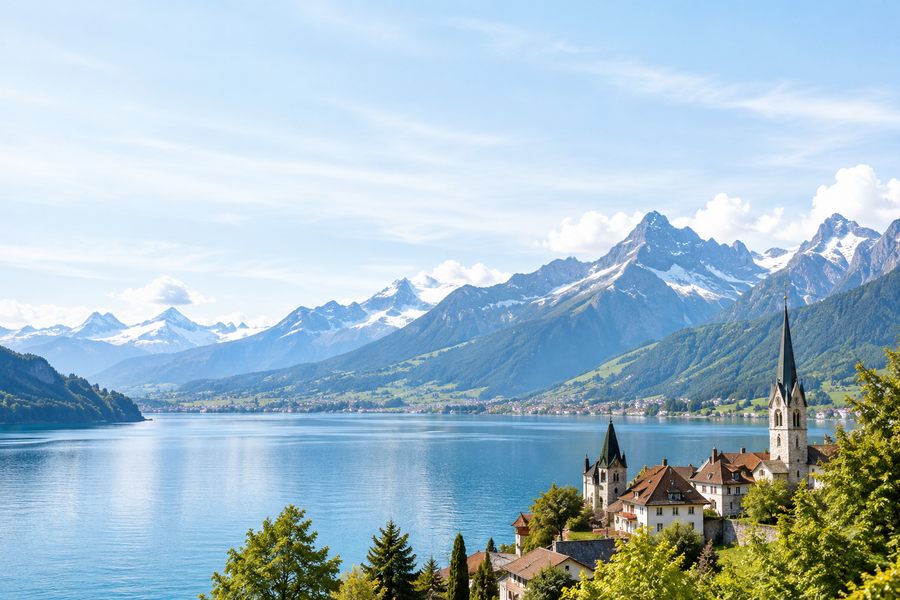 Swiss lake, mountains and a lakeside village
