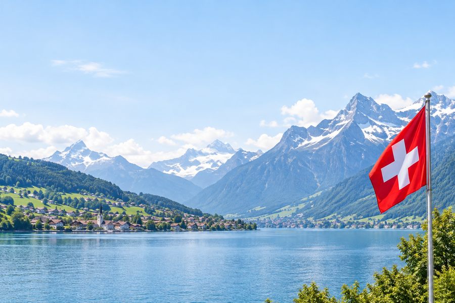 Swiss flag beside an Alpine lake and mountains