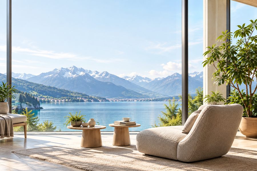 Illustrative lounge overlooking a Swiss Alpine lake